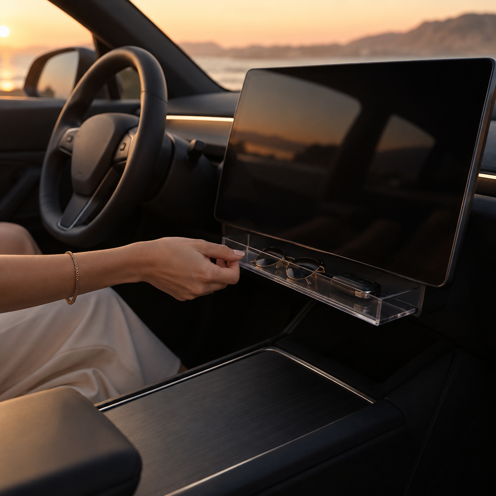 Hand reaching to open the TESTOK magnetic storage tray below the centre display at sunset