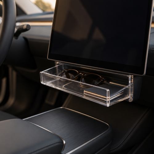 TESTOK magnetic storage tray fitted beneath the centre display in a Model 3 / Y cabin
