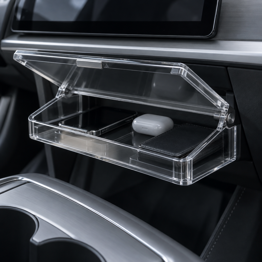 TESTOK magnetic tray with damped folding lid open, showing stored sunglasses and wallet