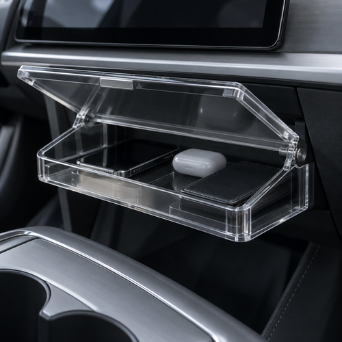 TESTOK magnetic tray with damped folding lid open, showing stored sunglasses and wallet