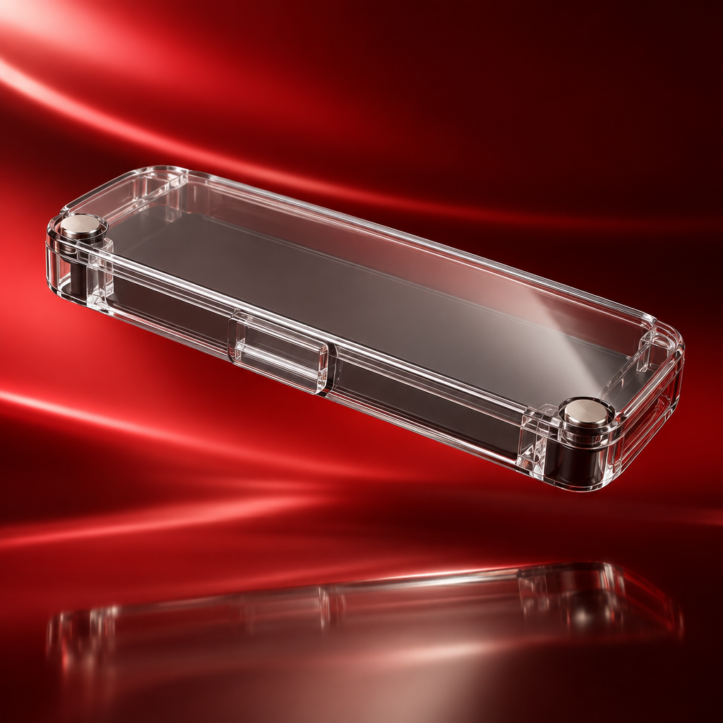 TESTOK magnetic centre storage tray, closed, on an ultra-red studio background